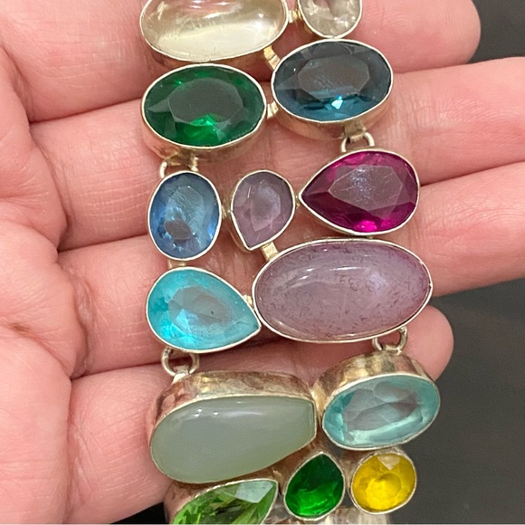 Stunning Multicolored Gemstones Crystals Mixed Cabochon Wide Bracelet 55.1g - Picture 12 of 16